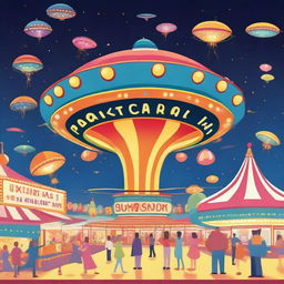 A playful scene featuring a UFO hovering above a lively carnival at night