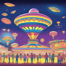 A playful scene featuring a UFO hovering above a lively carnival at night