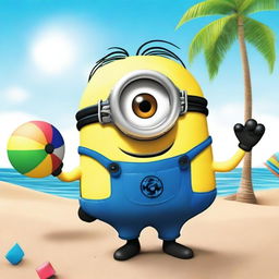 A Minion from the Despicable Me series wearing colorful bathing suits and enjoying a sunny day at the beach