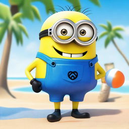 A Minion from the Despicable Me series wearing colorful bathing suits and enjoying a sunny day at the beach