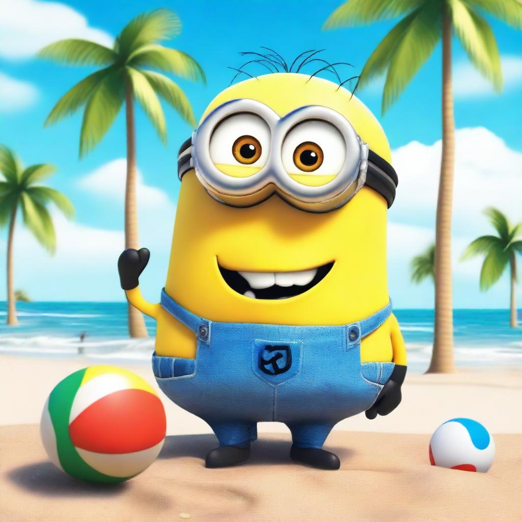 A Minion from the Despicable Me series wearing colorful bathing suits and enjoying a sunny day at the beach