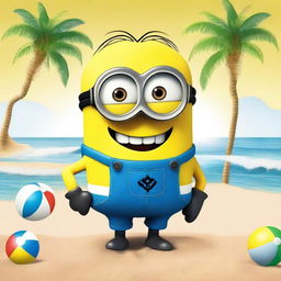 A Minion from the Despicable Me series wearing colorful bathing suits and enjoying a sunny day at the beach