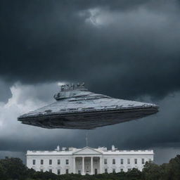 A colossal Star Destroyer from Star Wars menacingly hovering above the White House, under a stormy sky with its lasers primed for an attack.