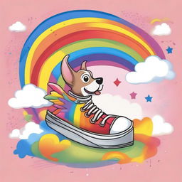 A whimsical and humorous scene featuring a dog pooping rainbows while flying around in a giant shoe