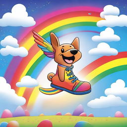 A whimsical and humorous scene featuring a dog pooping rainbows while flying around in a giant shoe