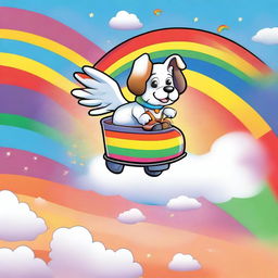 A whimsical and humorous scene featuring a dog pooping rainbows while flying around in a giant shoe