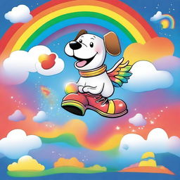 A whimsical and humorous scene featuring a dog pooping rainbows while flying around in a giant shoe