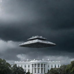 A colossal Star Destroyer from Star Wars menacingly hovering above the White House, under a stormy sky with its lasers primed for an attack.