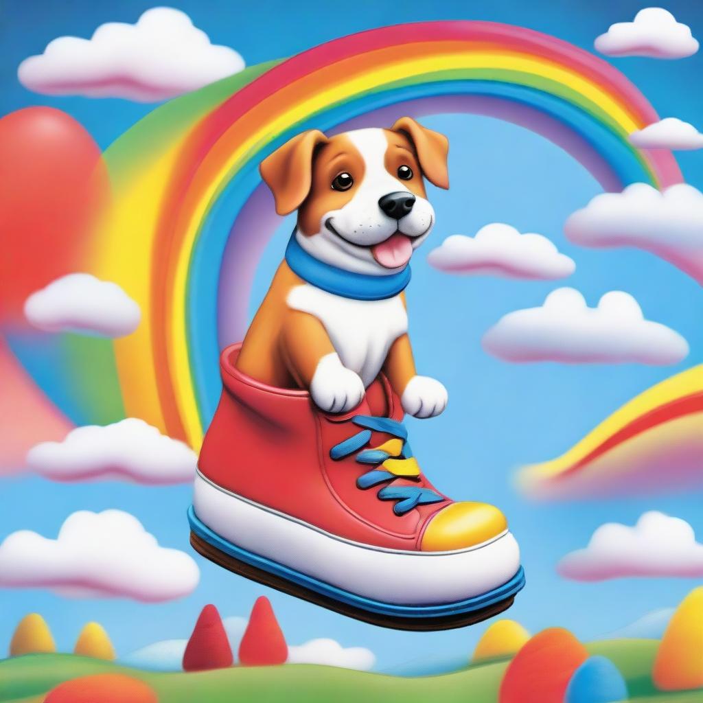 A whimsical and humorous scene of a dog sitting in a flying shoe, pooping rainbows as it soars through the sky