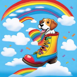 A whimsical and humorous scene of a dog sitting in a flying shoe, pooping rainbows as it soars through the sky