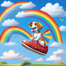 A whimsical and humorous scene of a dog sitting in a flying shoe, pooping rainbows as it soars through the sky