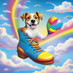 A whimsical and humorous scene of a dog sitting in a flying shoe, pooping rainbows as it soars through the sky