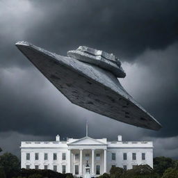 A colossal Star Destroyer from Star Wars menacingly hovering above the White House, under a stormy sky with its lasers primed for an attack.