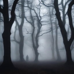 A dark and eerie forest at night, with twisted trees and dense fog