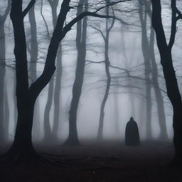 A dark and eerie forest at night, with twisted trees and dense fog