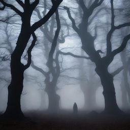 A dark and eerie forest at night, with twisted trees and dense fog