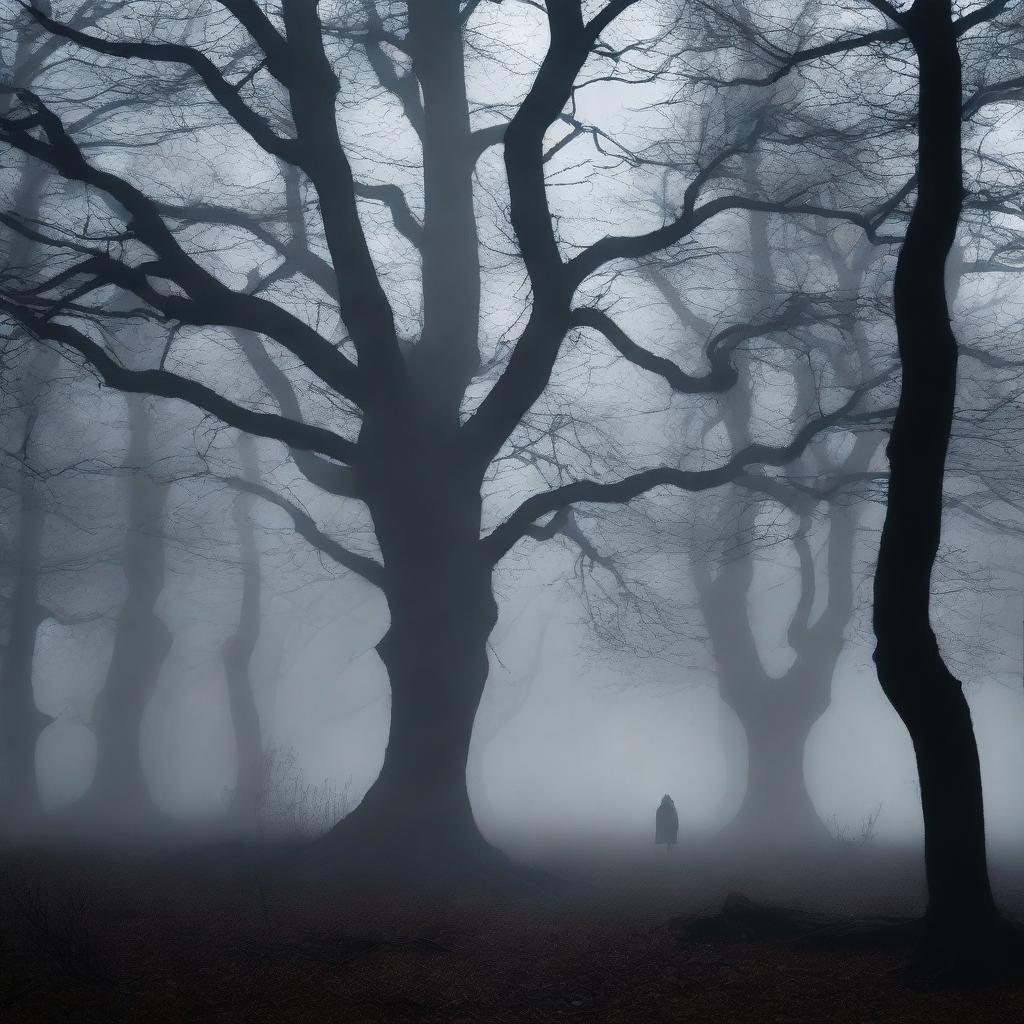 A dark and eerie forest at night, with twisted trees and dense fog