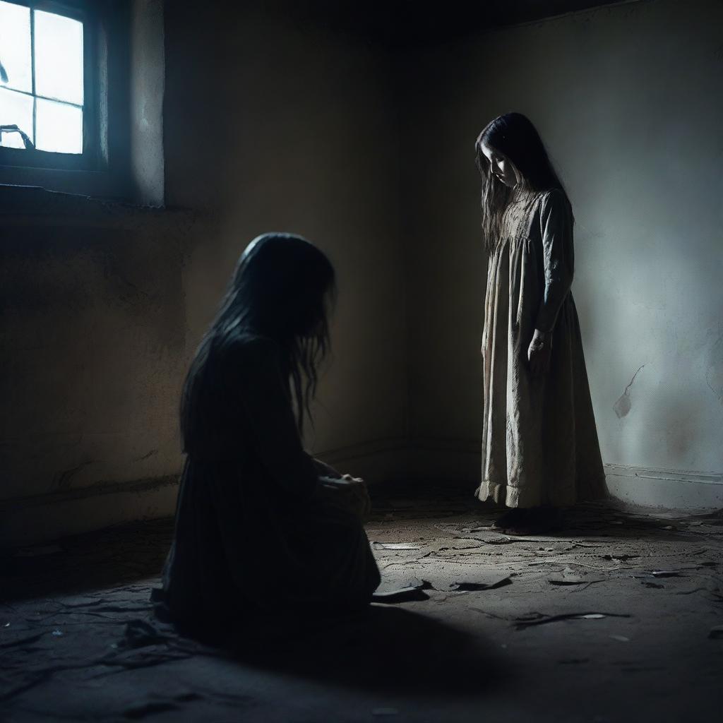 A haunting and sorrowful scene featuring a deceased girl in a dark, abandoned room