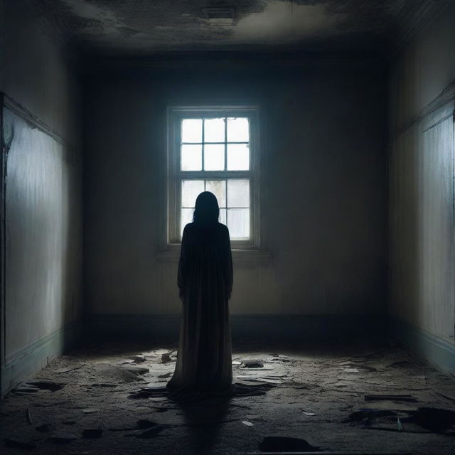 A haunting and sorrowful scene featuring a deceased girl in a dark, abandoned room