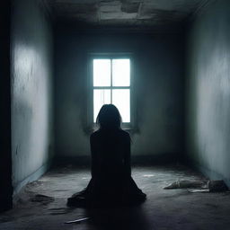 A haunting and sorrowful scene featuring a deceased girl in a dark, abandoned room