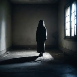 A haunting and sorrowful scene featuring a deceased girl in a dark, abandoned room