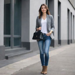 A confident entrepreneur in smart-casual attire. She wears a stylish blazer layered over a simple t-shirt, paired with skinny jeans and leather ankle boots. She's carrying a modern laptop bag and sporting minimalistic accessories.