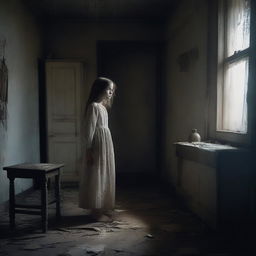 A haunting scene depicting a ghostly apparition of a young girl in an old, abandoned house