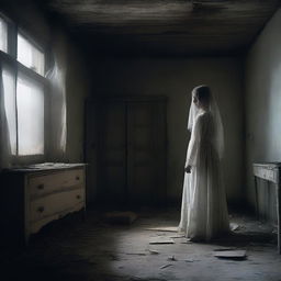 A haunting scene depicting a ghostly apparition of a young girl in an old, abandoned house