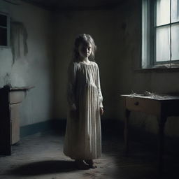 A haunting scene depicting a ghostly apparition of a young girl in an old, abandoned house