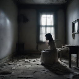 A haunting scene depicting a ghostly apparition of a young girl in an old, abandoned house