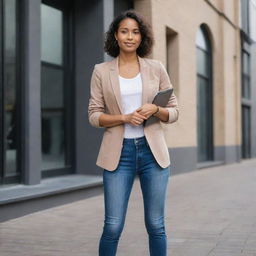 A confident entrepreneur in smart-casual attire. She wears a stylish blazer layered over a simple t-shirt, paired with skinny jeans and leather ankle boots. She's carrying a modern laptop bag and sporting minimalistic accessories.