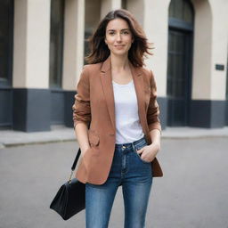 A confident entrepreneur in smart-casual attire. She wears a stylish blazer layered over a simple t-shirt, paired with skinny jeans and leather ankle boots. She's carrying a modern laptop bag and sporting minimalistic accessories.