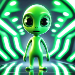 A friendly green alien standing in a futuristic spaceship