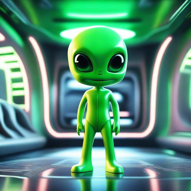 A friendly green alien standing in a futuristic spaceship