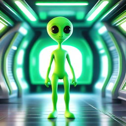 A friendly green alien standing in a futuristic spaceship