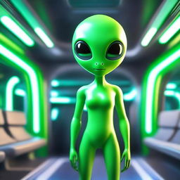 A friendly green alien standing in a futuristic spaceship