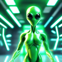 A friendly green alien standing in a futuristic setting with advanced technology and glowing lights