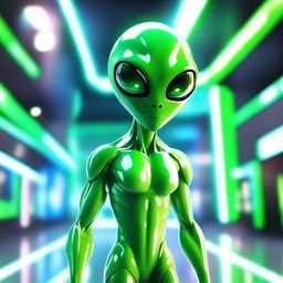 A friendly green alien standing in a futuristic setting with advanced technology and glowing lights