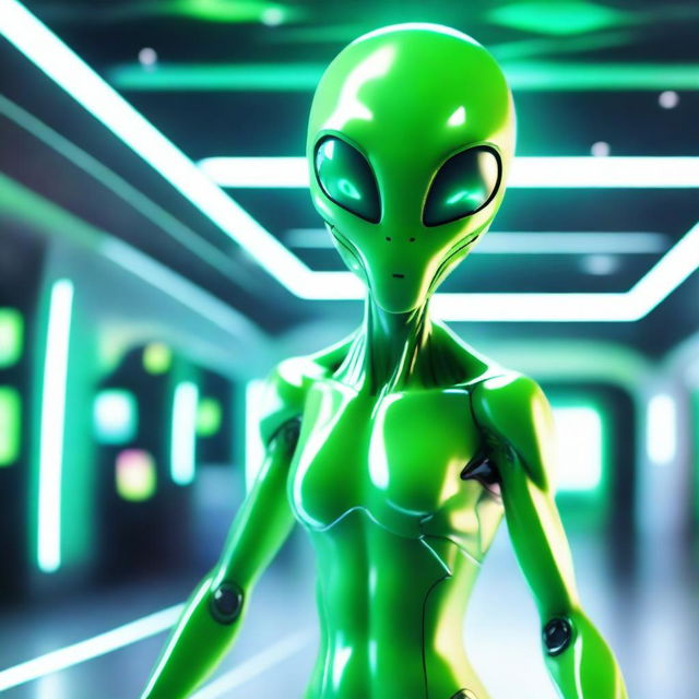 A friendly green alien standing in a futuristic setting with advanced technology and glowing lights