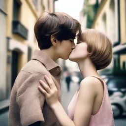 A romantic scene featuring a boy and girl sharing a kiss