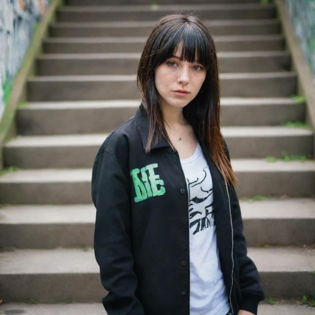 casual photograpy medium body, hip hop style clothes black jacket, sneakers, female , 23 year old with green eyes and black long hai with withe streaks in the bangs .,freckles, selfo, graffiti background stairs, medium distance shot, 4k hd,  --styerw--v 5.2 ar 2-3