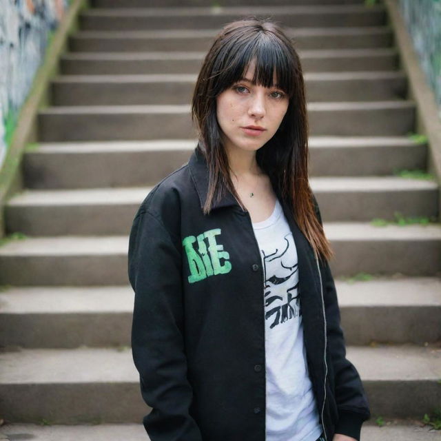 casual photograpy medium body, hip hop style clothes black jacket, sneakers, female , 23 year old with green eyes and black long hai with withe streaks in the bangs .,freckles, selfo, graffiti background stairs, medium distance shot, 4k hd,  --styerw--v 5.2 ar 2-3