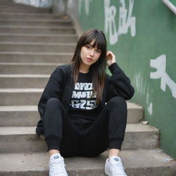 casual photograpy medium body, hip hop style clothes black jacket, sneakers, female , 23 year old with green eyes and black long hai with withe streaks in the bangs .,freckles, selfo, graffiti background stairs, medium distance shot, 4k hd,  --styerw--v 5.2 ar 2-3