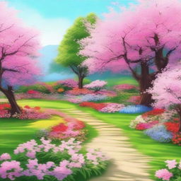 A serene and picturesque scene featuring a beautiful flower garden with vibrant blossoms