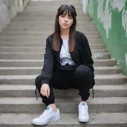 casual photograpy medium body, hip hop style clothes black jacket, sneakers, female , 23 year old with green eyes and black long hai with withe streaks in the bangs .,freckles, selfo, graffiti background stairs, medium distance shot, 4k hd,  --styerw--v 5.2 ar 2-3