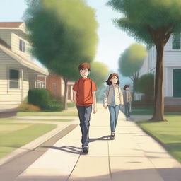 A scene depicting a boy following a girl from a short distance