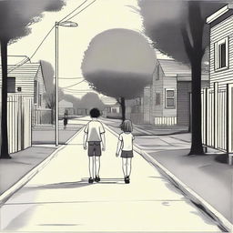 A scene depicting a boy following a girl from a short distance