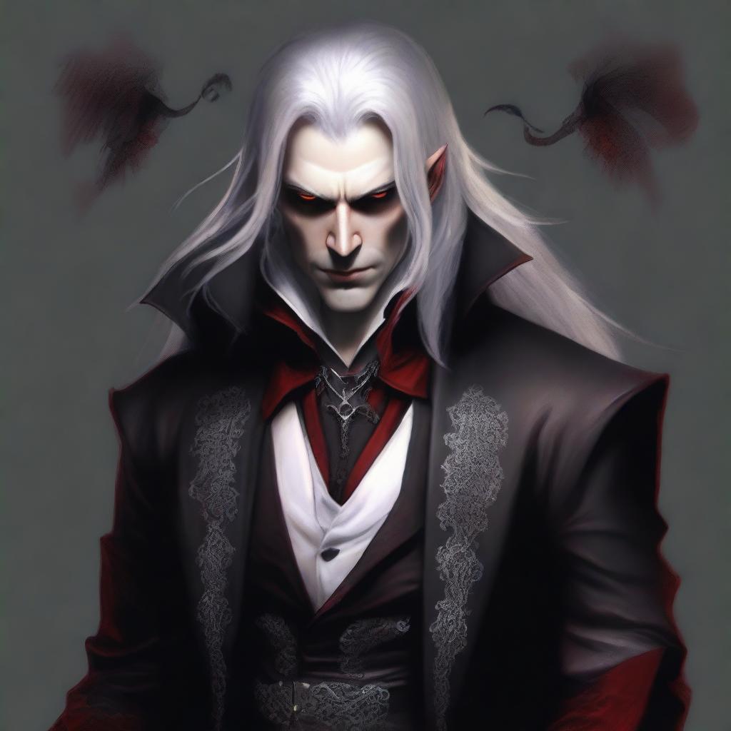 A male vampire with gray skin, long white hair, and red eyes