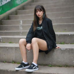 casual photograpy medium body, hip hop style clothes black jacket, sneakers, female , 23 year old with green eyes and black long hai with withe streaks in the bangs .,freckles, selfo, graffiti background stairs, medium distance shot, 4k hd,  --styerw--v 5.2 ar 2-3