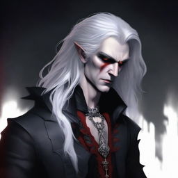 A male vampire with gray skin, long white hair, and red eyes